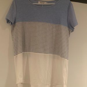 Blue, white, grey striped short sleeved shirt